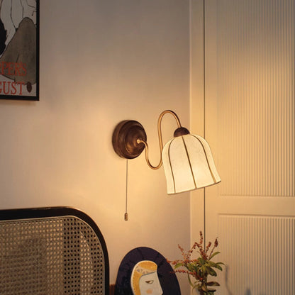 French Wood Iron Fabric Shade 1-Light Wall Sconce Lamp