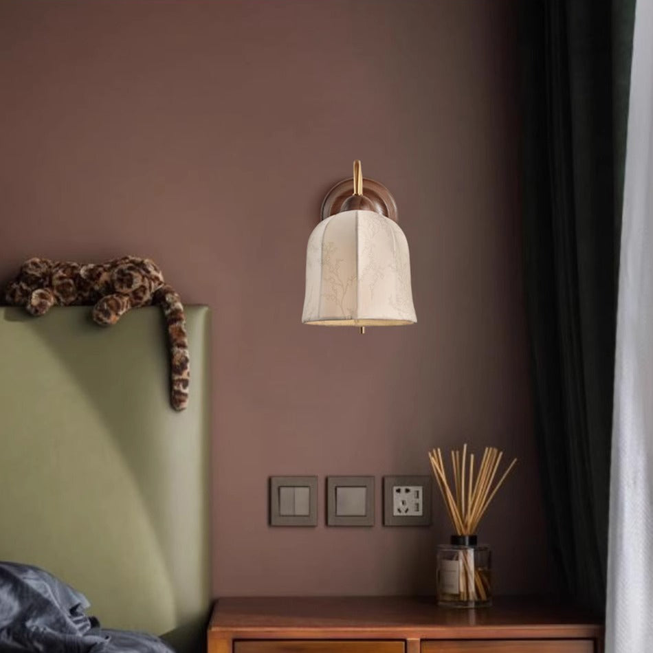 French Wood Iron Fabric Shade 1-Light Wall Sconce Lamp