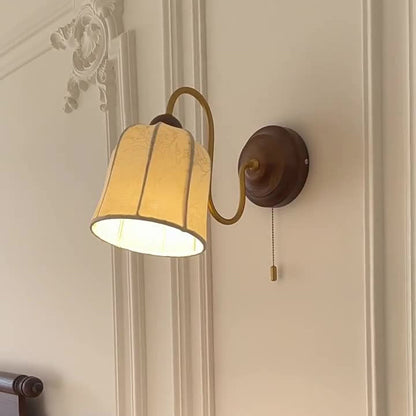 French Wood Iron Fabric Shade 1-Light Wall Sconce Lamp