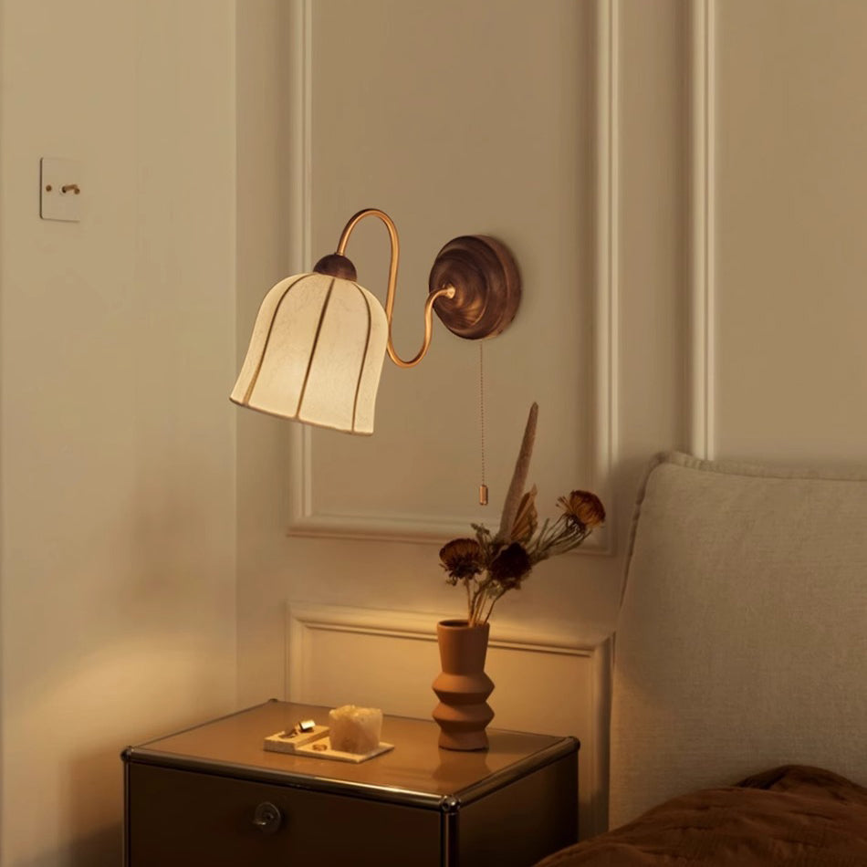 French Wood Iron Fabric Shade 1-Light Wall Sconce Lamp