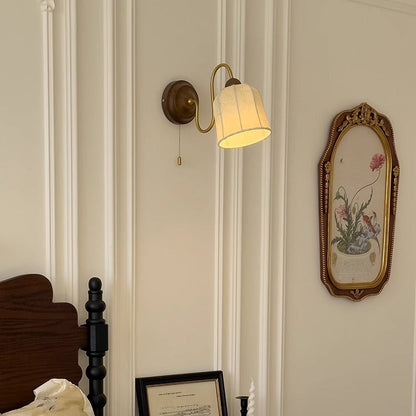 French Wood Iron Fabric Shade 1-Light Wall Sconce Lamp