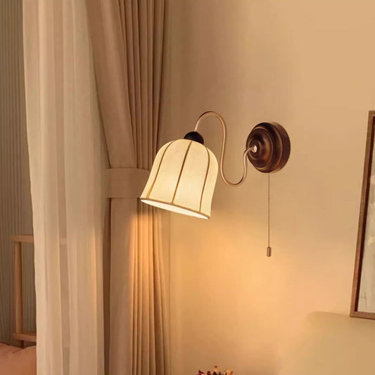French Wood Iron Fabric Shade 1-Light Wall Sconce Lamp