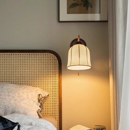 French Wood Iron Fabric Shade 1-Light Wall Sconce Lamp