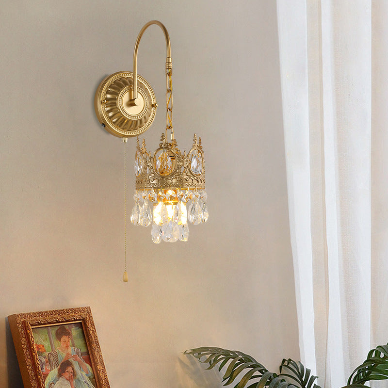 French Round Crown Iron Crystal 1-Light Wall Sconce Lamp