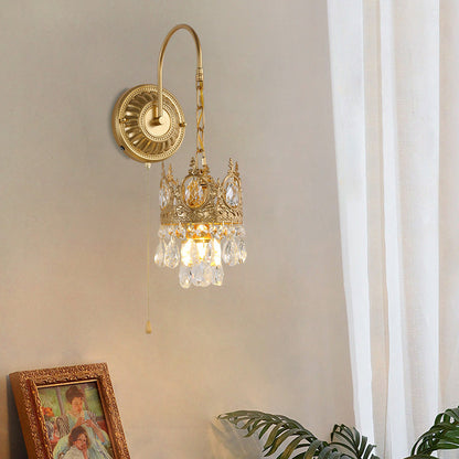 French Round Crown Iron Crystal 1-Light Wall Sconce Lamp