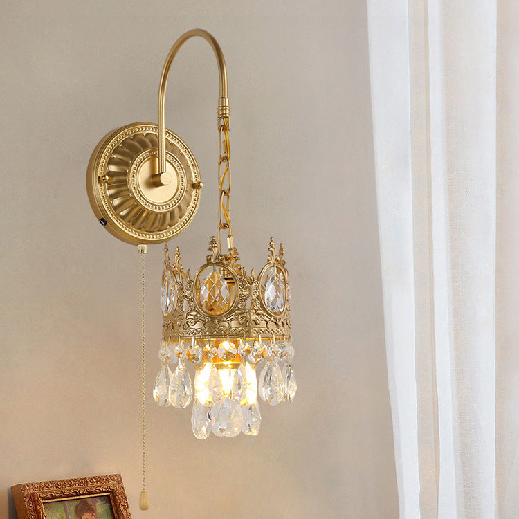 French Round Crown Iron Crystal 1-Light Wall Sconce Lamp