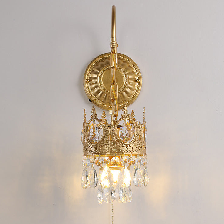 French Round Crown Iron Crystal 1-Light Wall Sconce Lamp