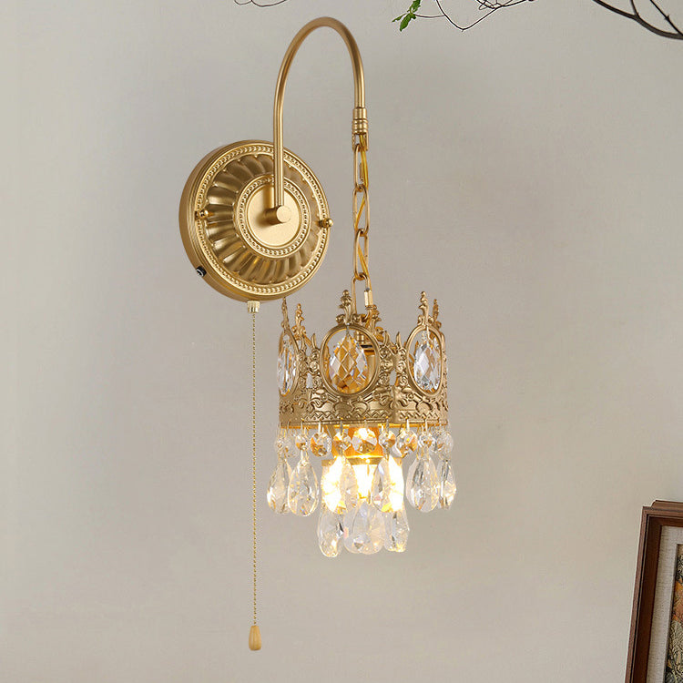 French Round Crown Iron Crystal 1-Light Wall Sconce Lamp