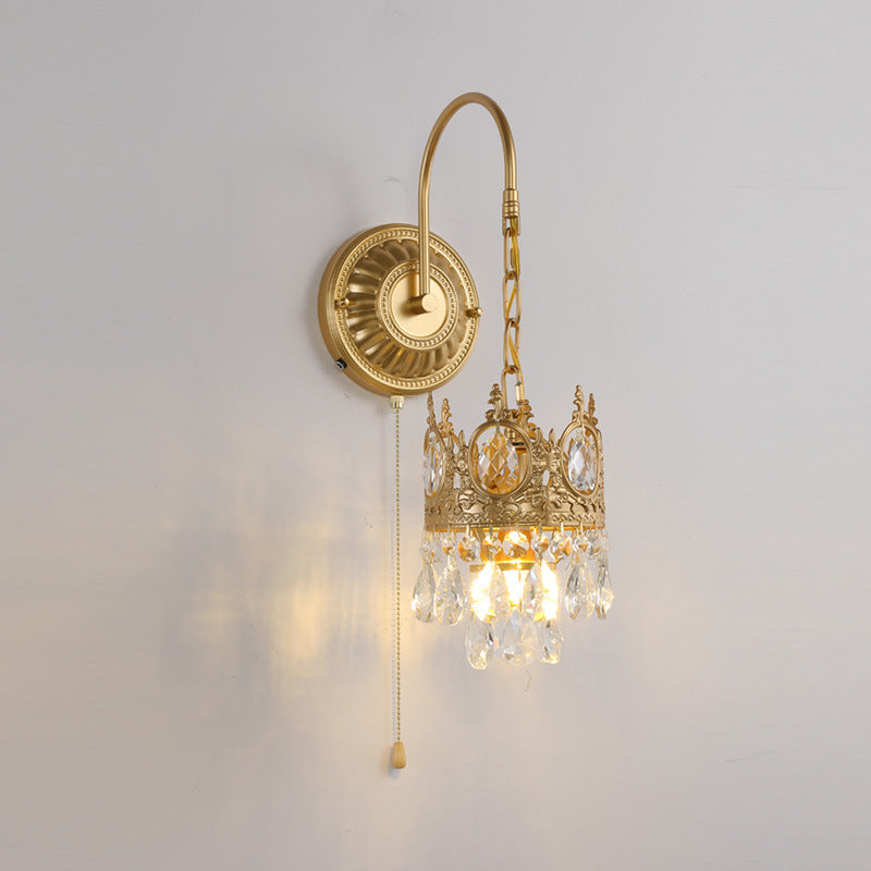 French Round Crown Iron Crystal 1-Light Wall Sconce Lamp