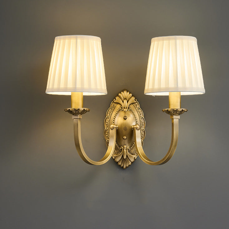 Curved Stripe Fabric Shade Brass 1/2 Light Wall Sconce Lamp