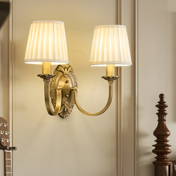 Curved Stripe Fabric Shade Brass 1/2 Light Wall Sconce Lamp