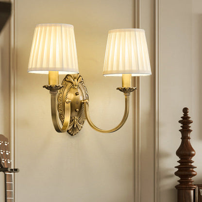 Curved Stripe Fabric Shade Brass 1/2 Light Wall Sconce Lamp