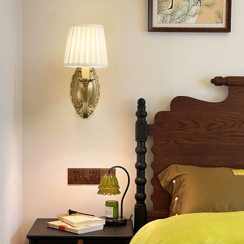 Curved Stripe Fabric Shade Brass 1/2 Light Wall Sconce Lamp