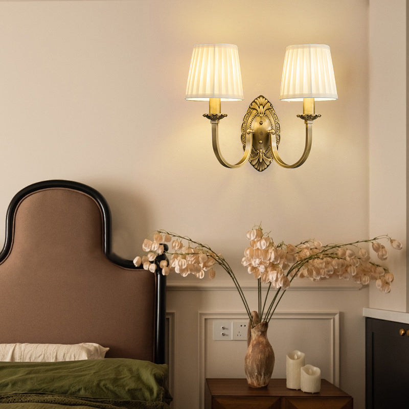 Curved Stripe Fabric Shade Brass 1/2 Light Wall Sconce Lamp