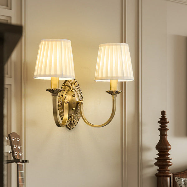 Curved Stripe Fabric Shade Brass 1/2 Light Wall Sconce Lamp