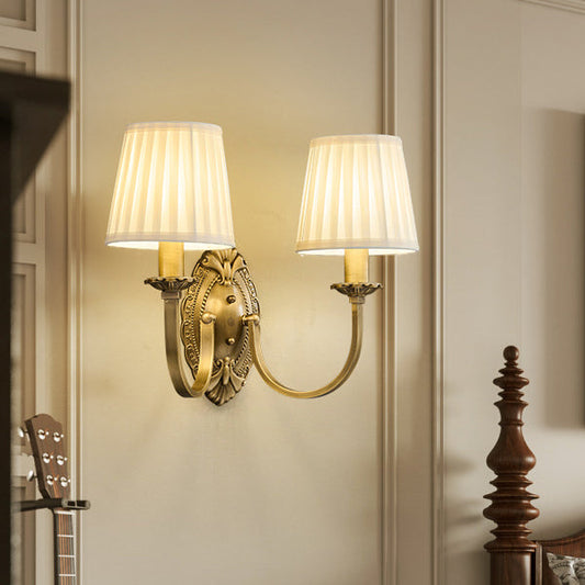 Curved Stripe Fabric Shade Brass 1/2 Light Wall Sconce Lamp