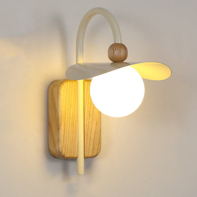 Curved Wood Iron Frame Glass Shade 1-Light Wall Sconce Lamp