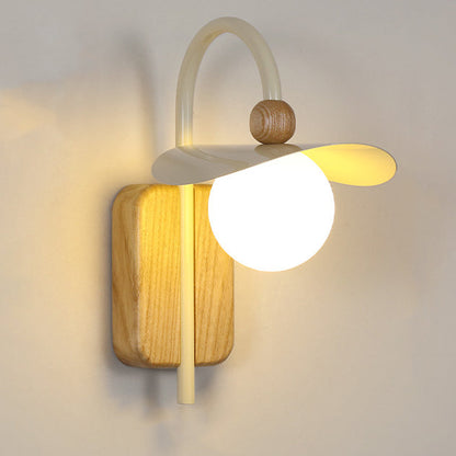 Curved Wood Iron Frame Glass Shade 1-Light Wall Sconce Lamp