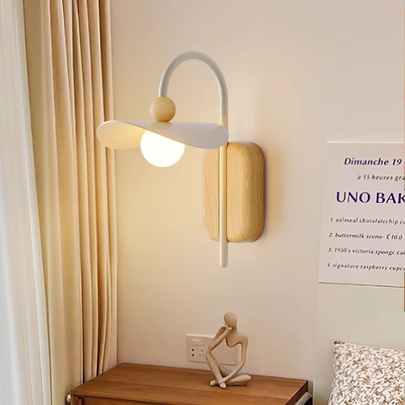 Curved Wood Iron Frame Glass Shade 1-Light Wall Sconce Lamp