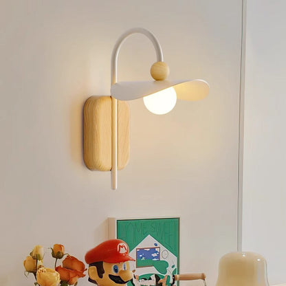 Curved Wood Iron Frame Glass Shade 1-Light Wall Sconce Lamp