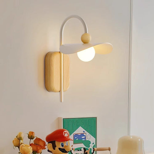 Curved Wood Iron Frame Glass Shade 1-Light Wall Sconce Lamp