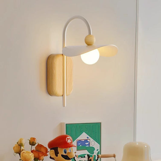 Curved Wood Iron Frame Glass Shade 1-Light Wall Sconce Lamp