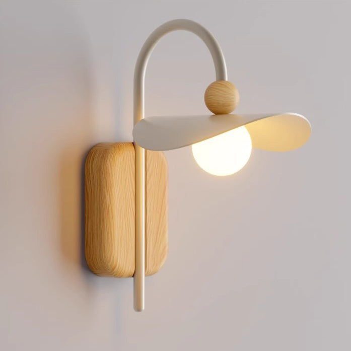 Curved Wood Iron Frame Glass Shade 1-Light Wall Sconce Lamp