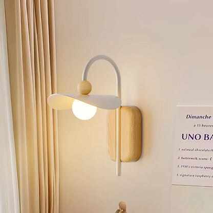 Curved Wood Iron Frame Glass Shade 1-Light Wall Sconce Lamp