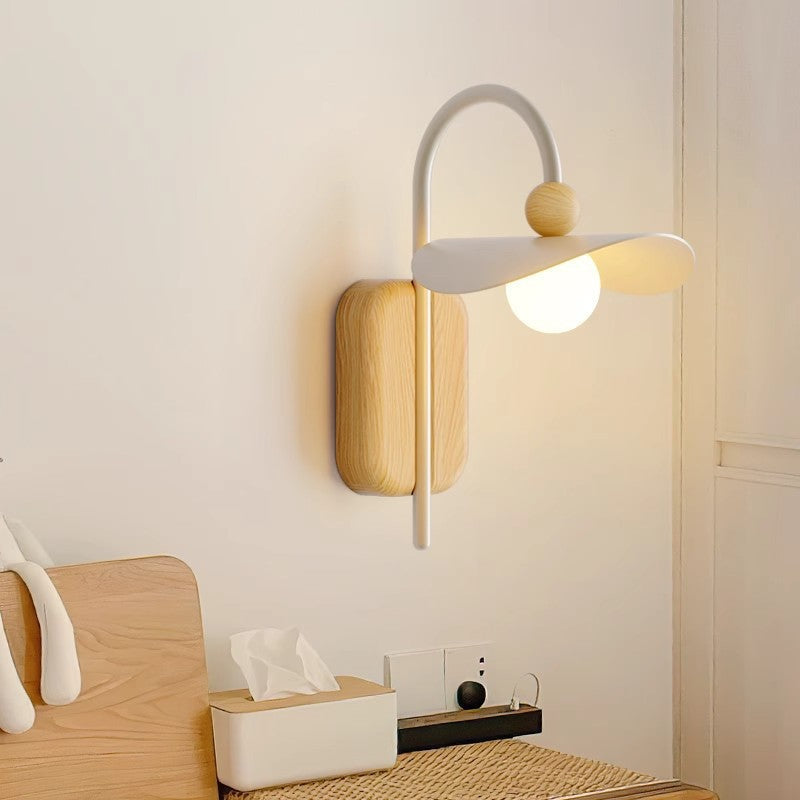 Curved Wood Iron Frame Glass Shade 1-Light Wall Sconce Lamp