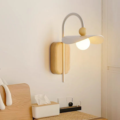 Curved Wood Iron Frame Glass Shade 1-Light Wall Sconce Lamp