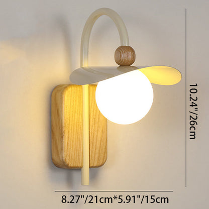 Curved Wood Iron Frame Glass Shade 1-Light Wall Sconce Lamp