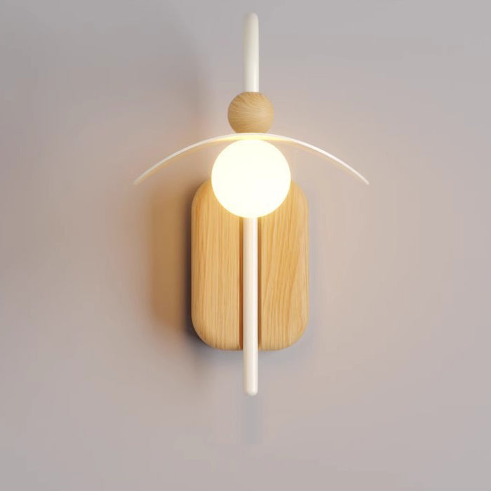 Curved Wood Iron Frame Glass Shade 1-Light Wall Sconce Lamp