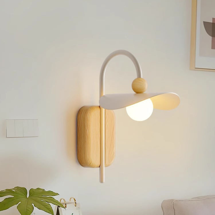 Curved Wood Iron Frame Glass Shade 1-Light Wall Sconce Lamp