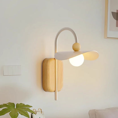 Curved Wood Iron Frame Glass Shade 1-Light Wall Sconce Lamp