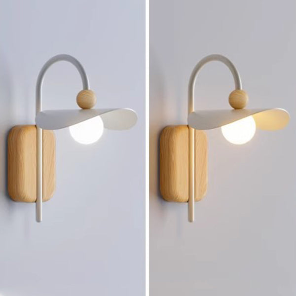 Curved Wood Iron Frame Glass Shade 1-Light Wall Sconce Lamp