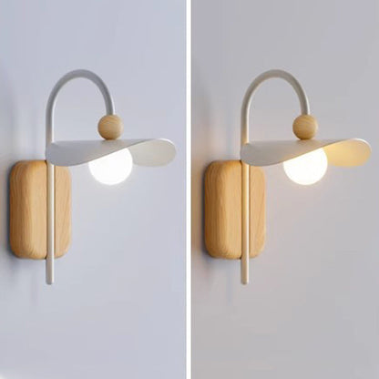Curved Wood Iron Frame Glass Shade 1-Light Wall Sconce Lamp