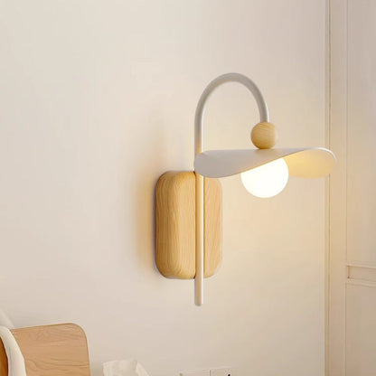 Curved Wood Iron Frame Glass Shade 1-Light Wall Sconce Lamp