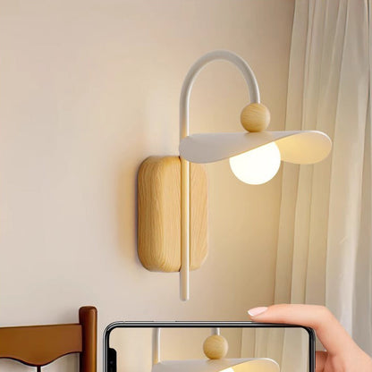 Curved Wood Iron Frame Glass Shade 1-Light Wall Sconce Lamp
