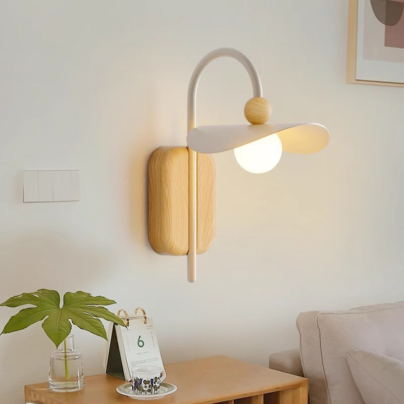 Curved Wood Iron Frame Glass Shade 1-Light Wall Sconce Lamp