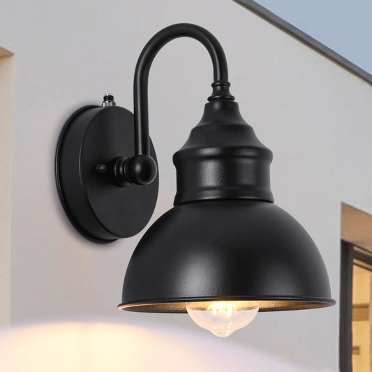 Outdoor Curved Pole Iron Shade 1-Light Wall Sconce Lamp