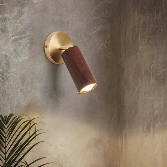 Round Cylinder Copper Wood Shade LED Wall Sconce Lamp