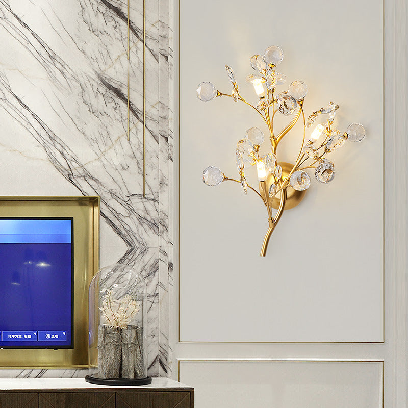 Tree Branch Iron Crystal Glass 2/3 Light Wall Sconce Lamp