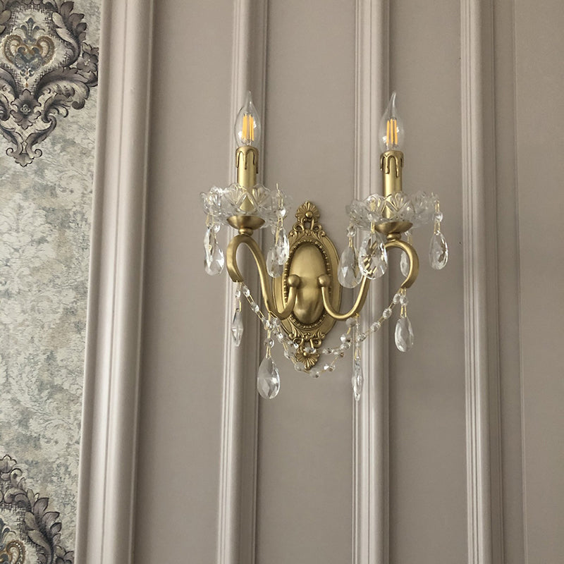 French Carved Full Brass Crystal 2-Light Wall Sconce Lamp