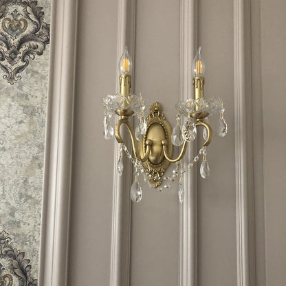 French Carved Full Brass Crystal 2-Light Wall Sconce Lamp