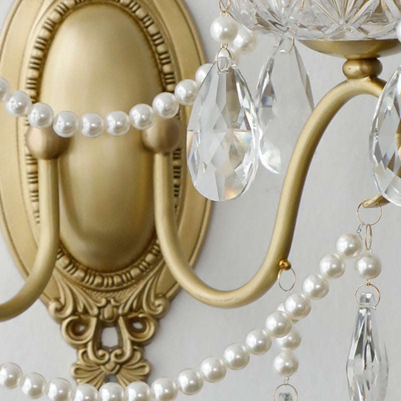 French Carved Full Brass Crystal 2-Light Wall Sconce Lamp