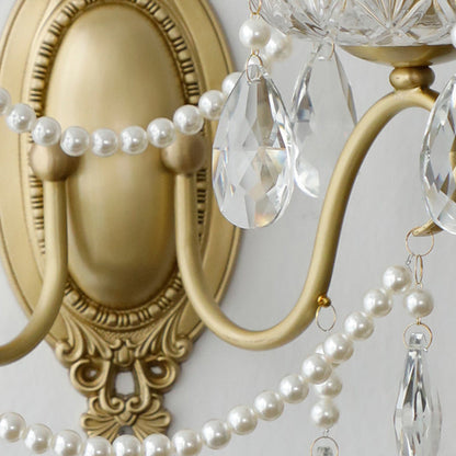 French Carved Full Brass Crystal 2-Light Wall Sconce Lamp