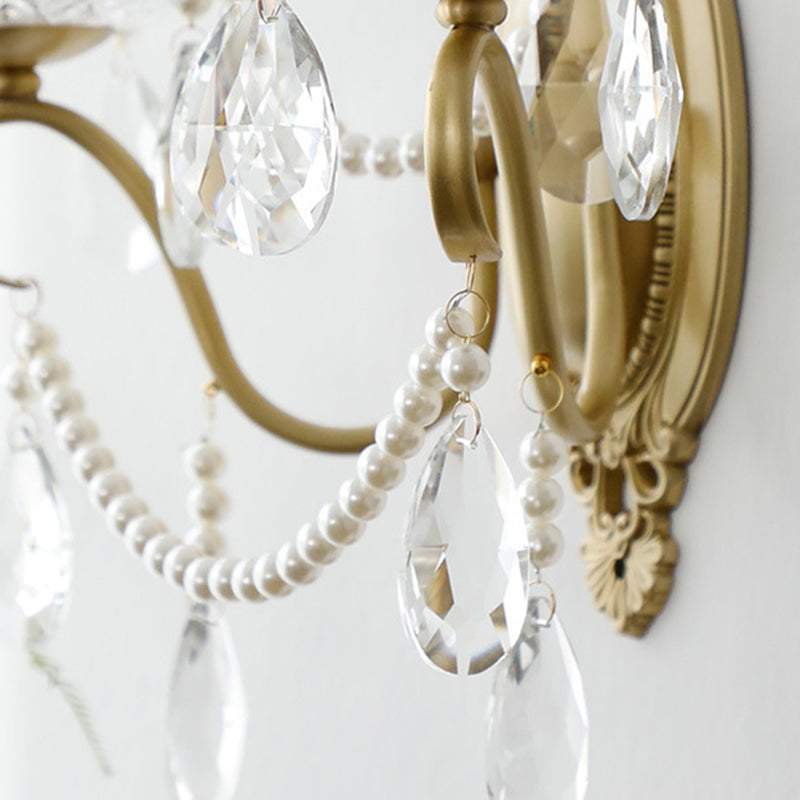 French Carved Full Brass Crystal 2-Light Wall Sconce Lamp