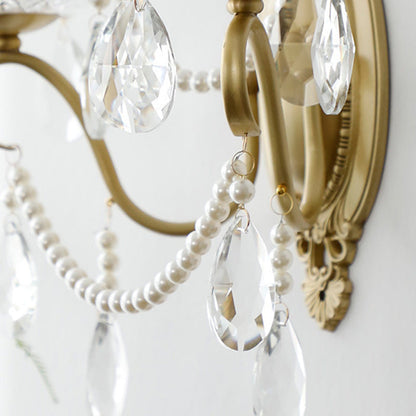 French Carved Full Brass Crystal 2-Light Wall Sconce Lamp