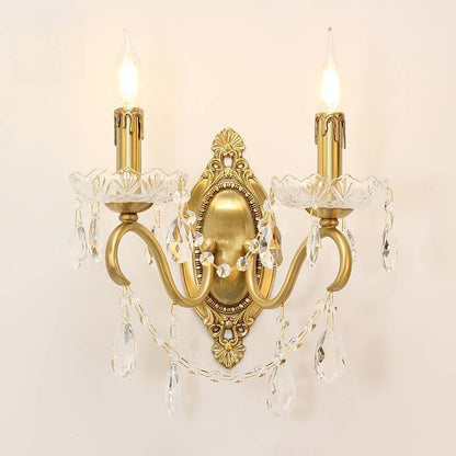 French Carved Full Brass Crystal 2-Light Wall Sconce Lamp