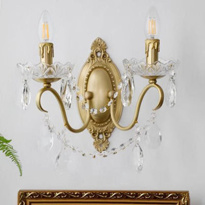 French Carved Full Brass Crystal 2-Light Wall Sconce Lamp
